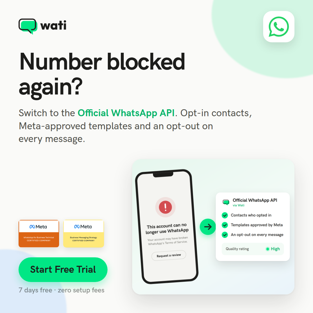 WATI - WhatsApp Team Inbox Facebook ad: Number blocked? Go official.