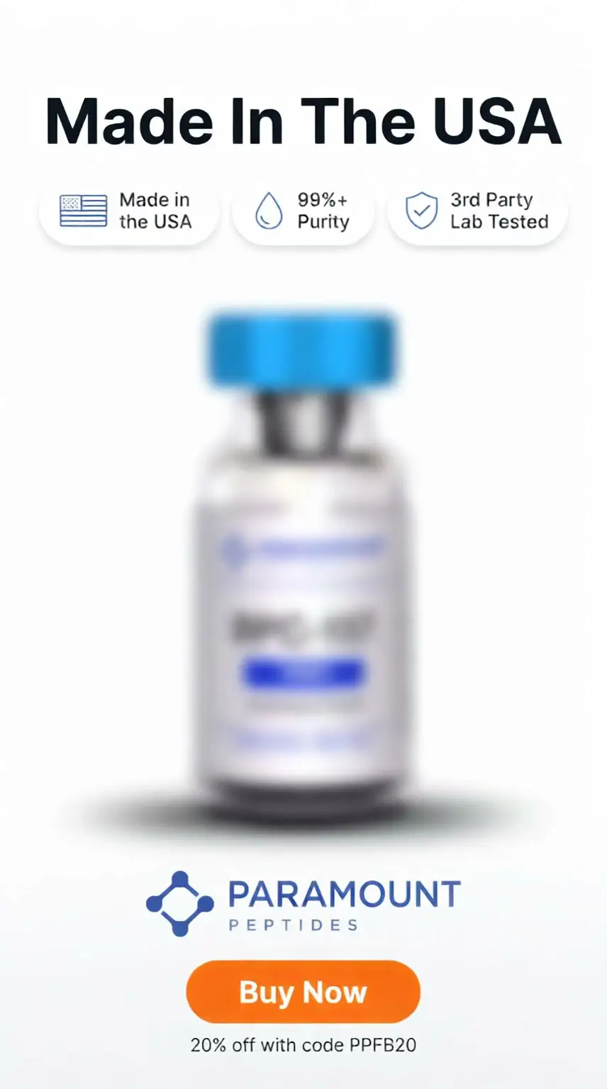 Paramount Peptides Sale Facebook ad: Get 20% Off Your First Order.