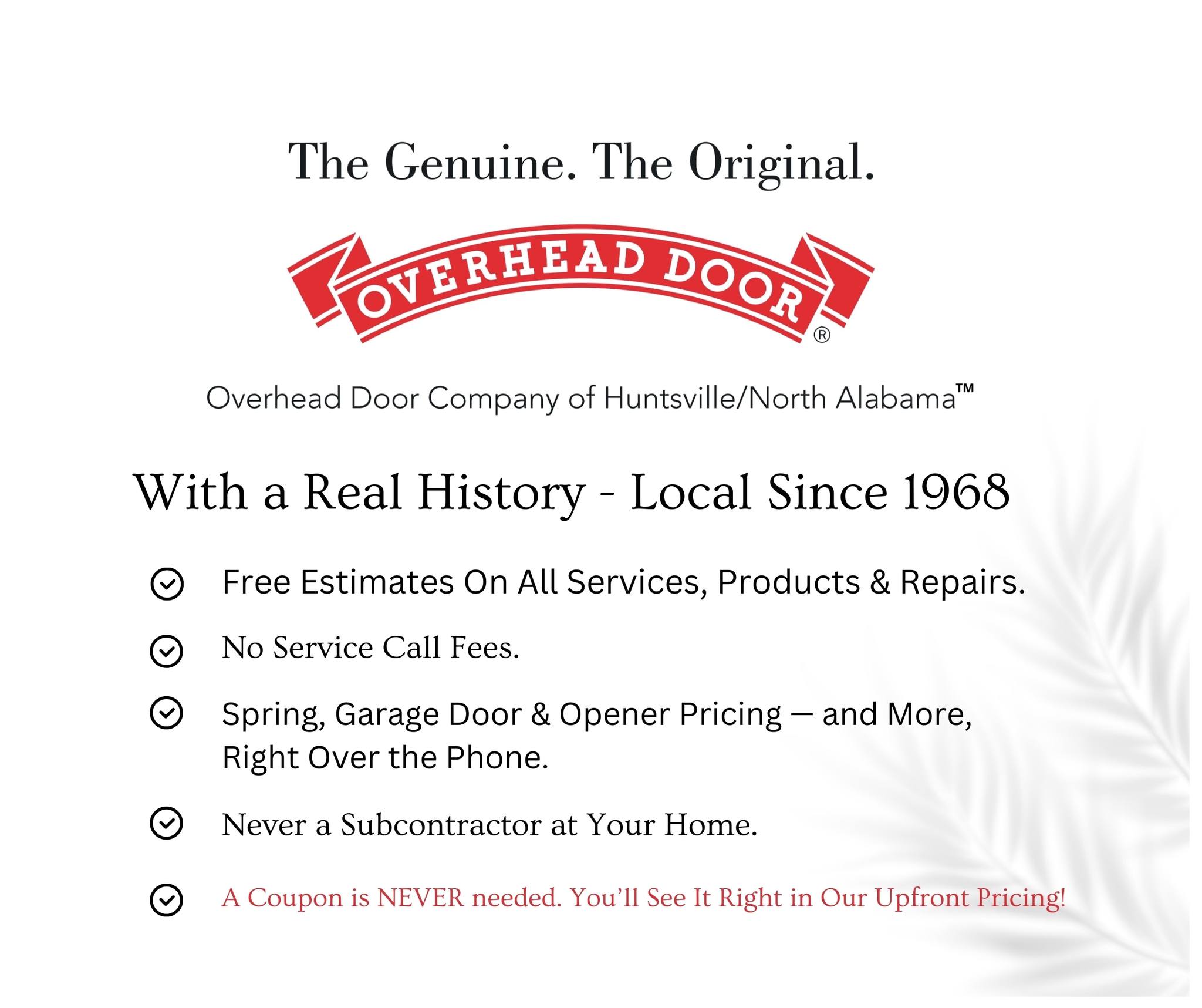 Overhead Door Company of Huntsville/North Alabama - TM Facebook ad: When it comes to garage door service, transparency…