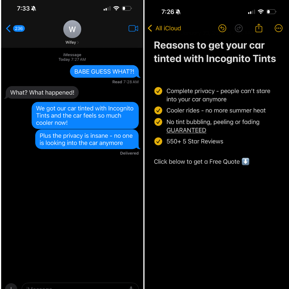 Incognito Tints Facebook ad: Lifetime Privacy + Protection