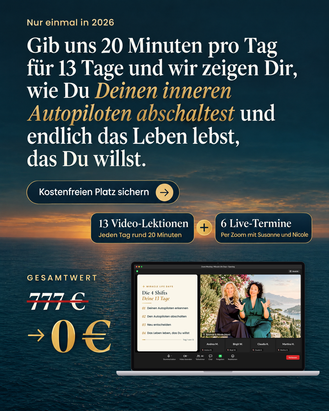 Susanne & Nicole Facebook ad: Kostenfreier Online-Kurs zum Leben, das Du wirklich willst