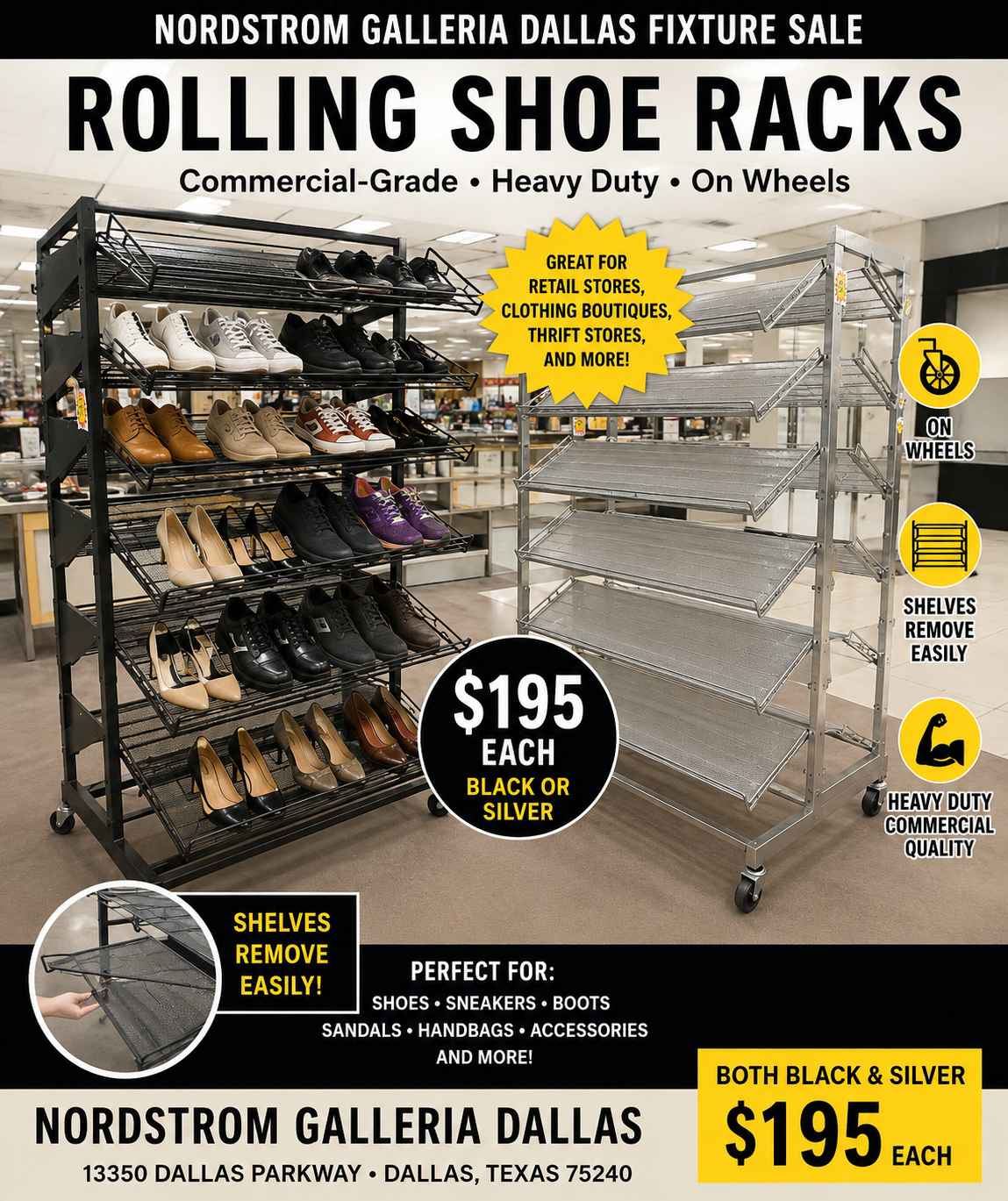 Jeanette Joseph Mentesana Facebook ad: Shoe Racks at Nordstrom Galleria Fixture Sale HUGE event…