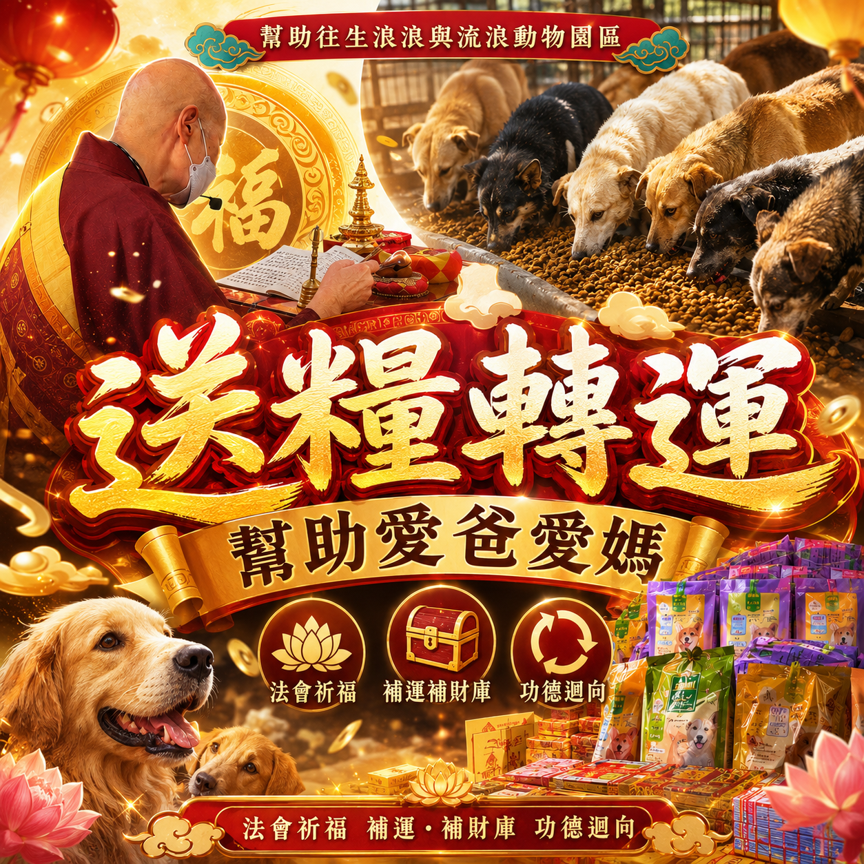 毛孩祈福堂 Facebook ad: 【送糧轉運|幫助浪浪也替自己累積福報】 祈安賜財補財庫法會+毛孩功德迴向