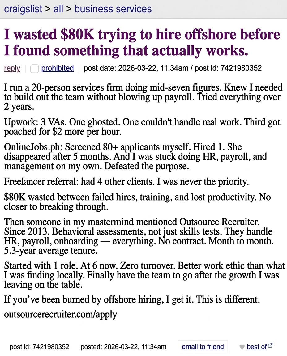 Outsource Recruiter Facebook ad: This is How to Hire Top 1% Talent for 70% Less