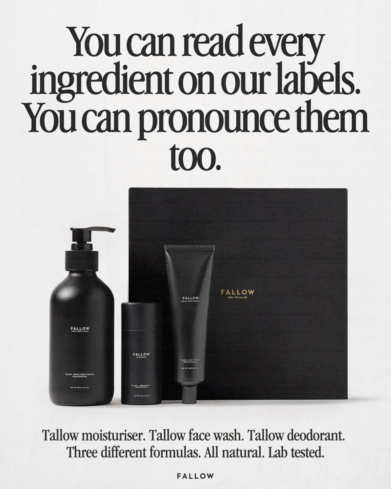 Fallow Skin Facebook ad: You can't pronounce what's in your moisturizer