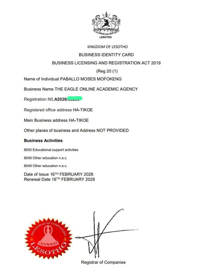 The Eagle Online Academic Agency Facebook ad: We are legally registered educational agency Lesotho and…