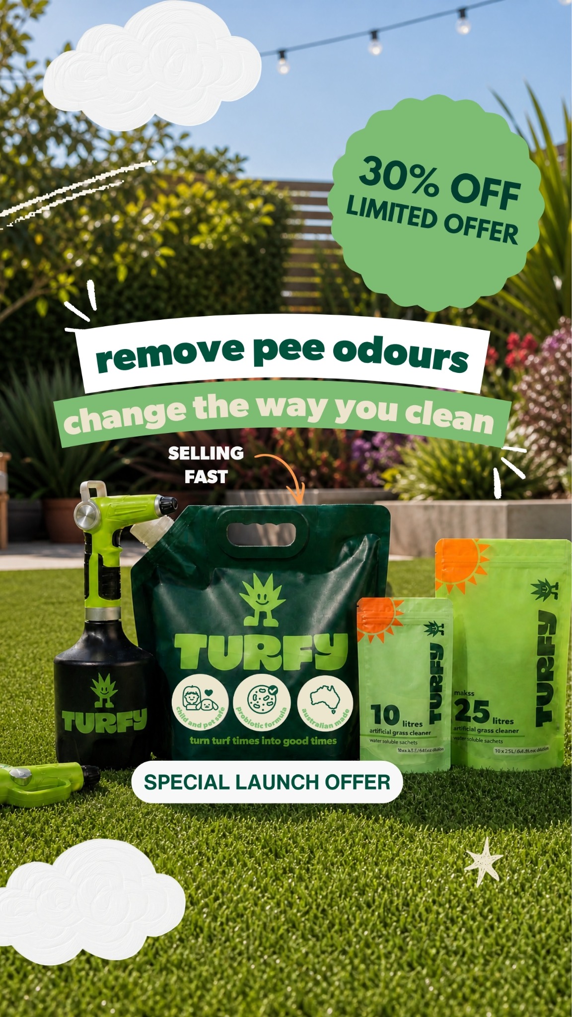 Turfy Facebook ad: 30% OFF for the First 1,000 Orders.