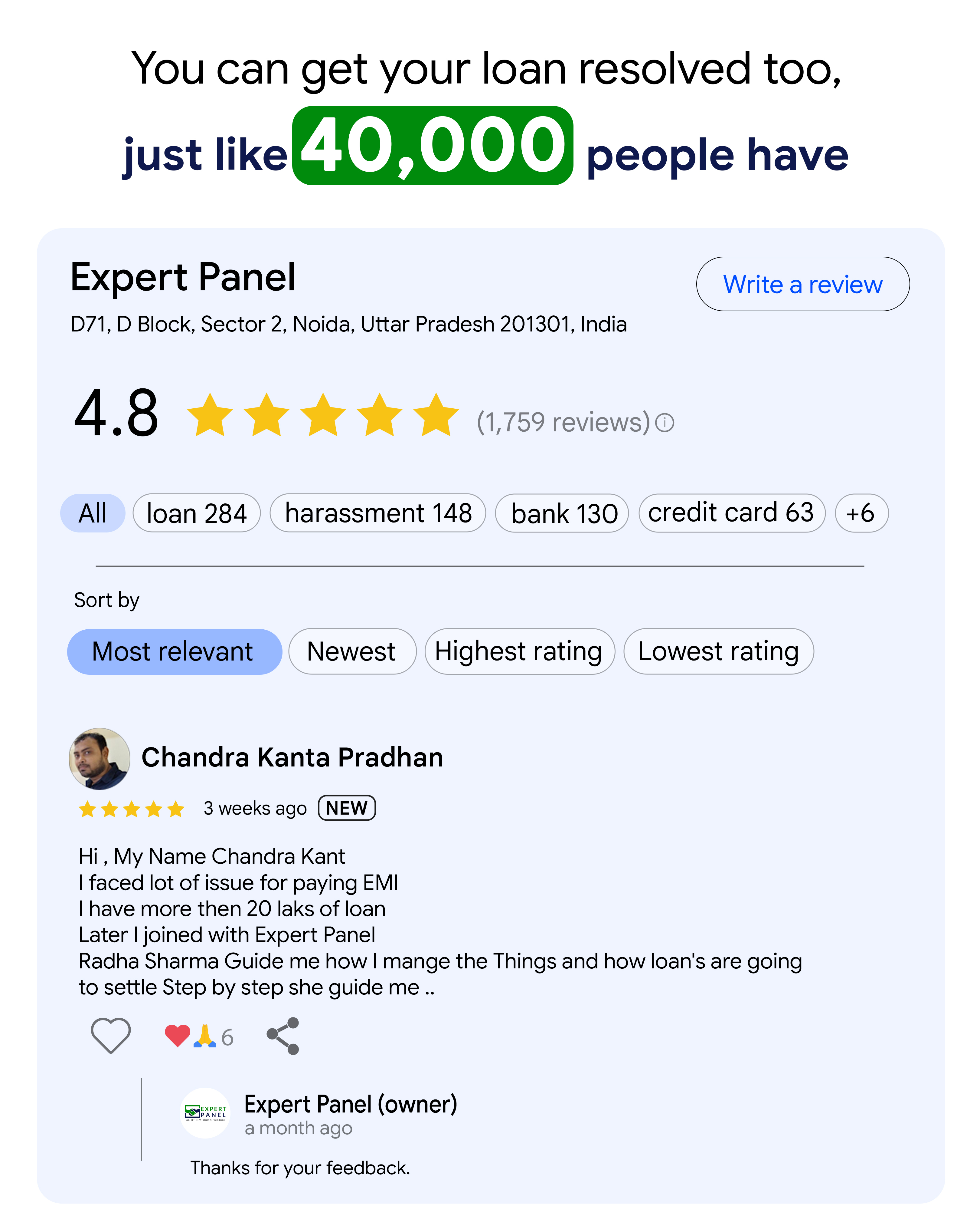 ExpertPanel Facebook ad: Get Legal Counselling For Dues Today