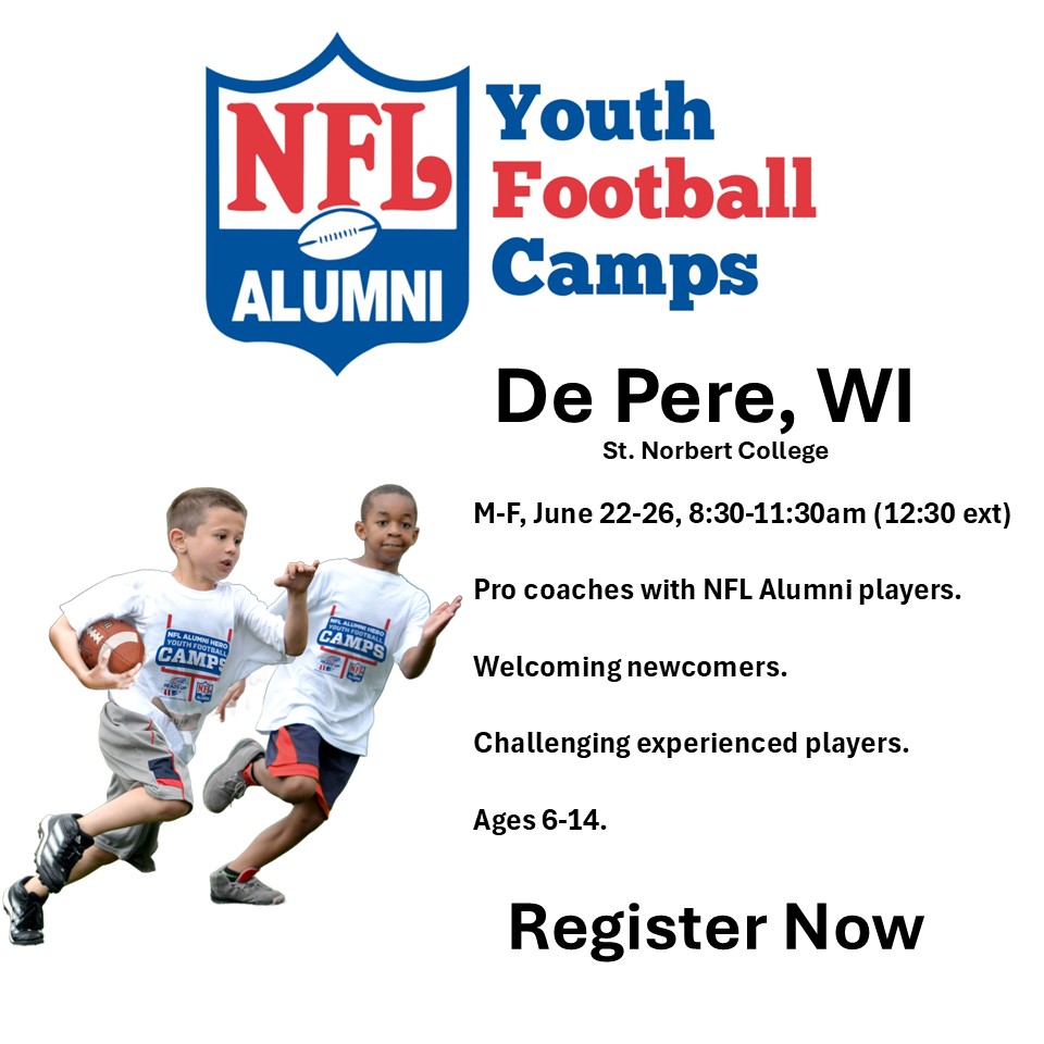 Green Bay NFL Alumni Youth Football Camps Facebook ad: De Pere area families, a high-energy football experience…