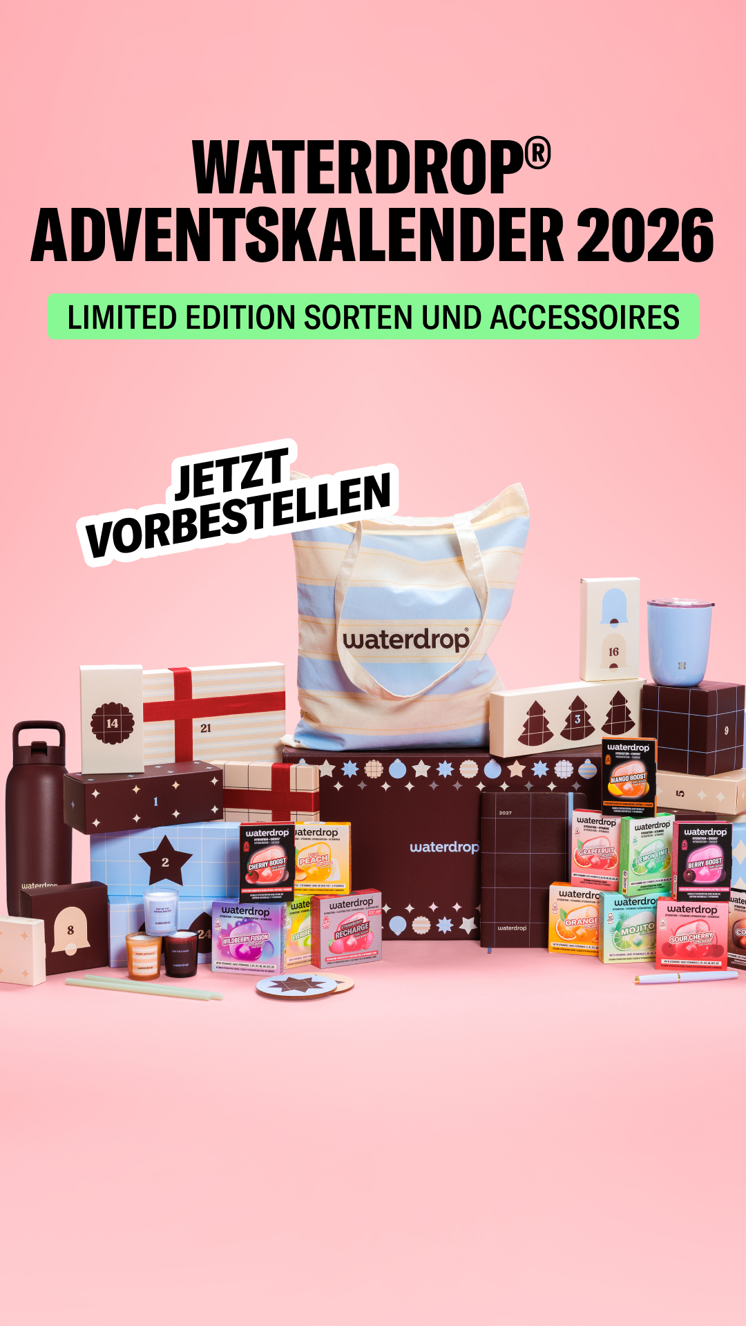 waterdrop Facebook ad: 24 Türchen voller Überraschungen im Wert von über 250 €.
