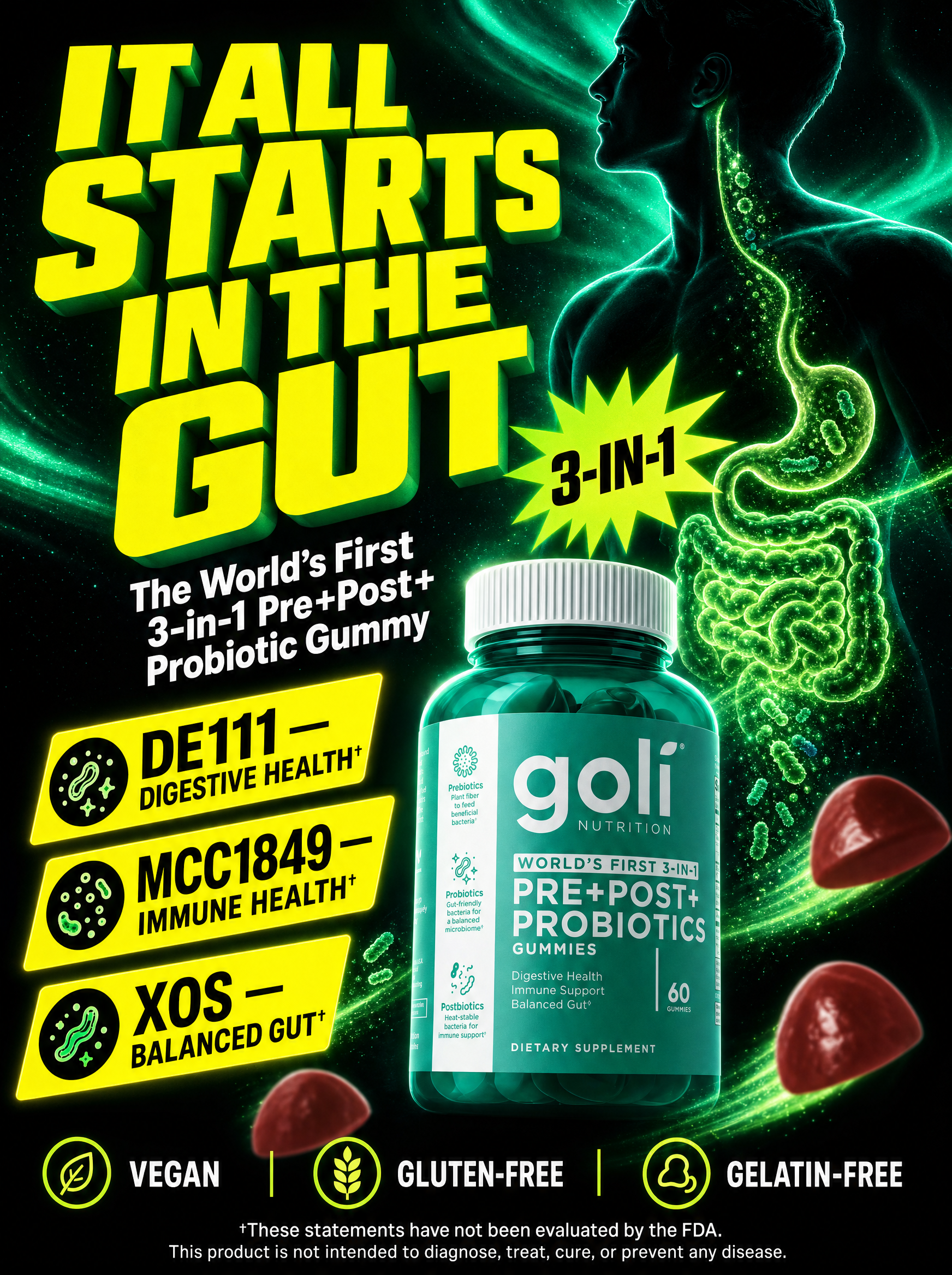 Goli Facebook ad: Three Biotics. One Gummy. World's First.