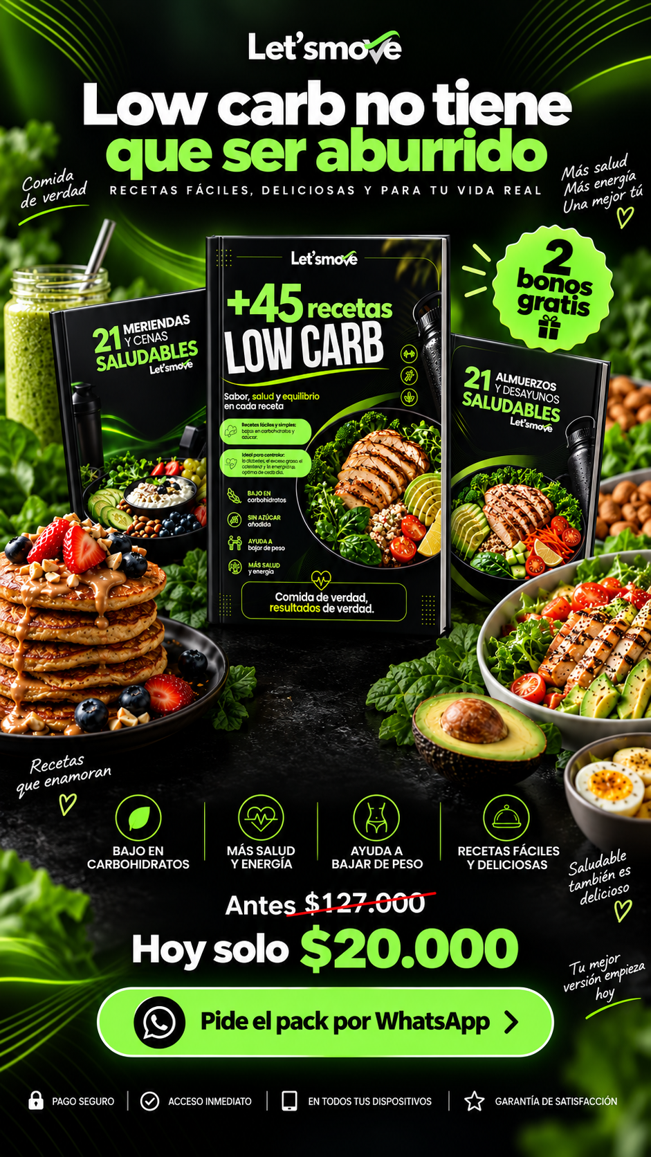 Letsmove Facebook ad: +45 Recetas Low Carb + 2 Bonos Gratis
