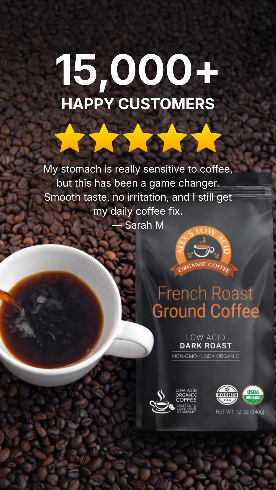 Alex's Low-Acid Organic Coffee Facebook ad