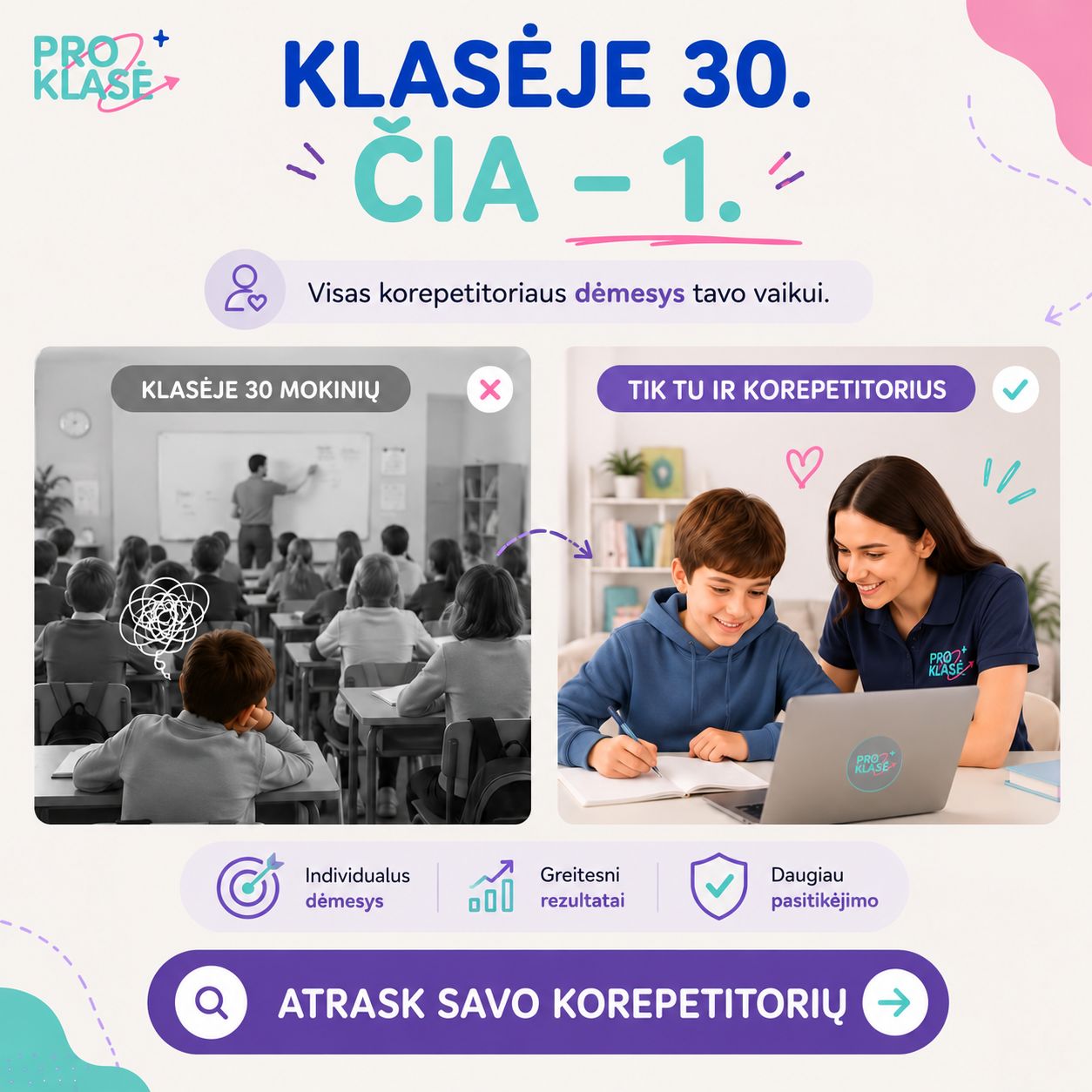 ProKlasė Facebook ad: Visas korepetitoriaus dėmesys Jūsų vaikui