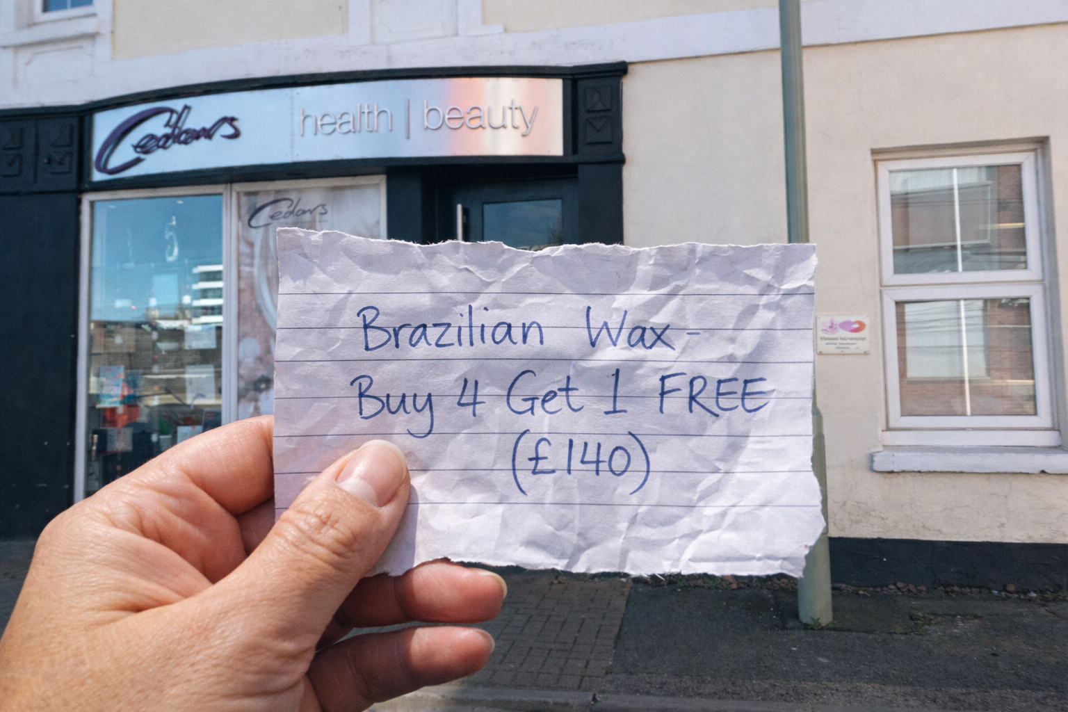Cedars Health and Beauty Centre Facebook ad: Brazilian Wax Offer, 5 for £140