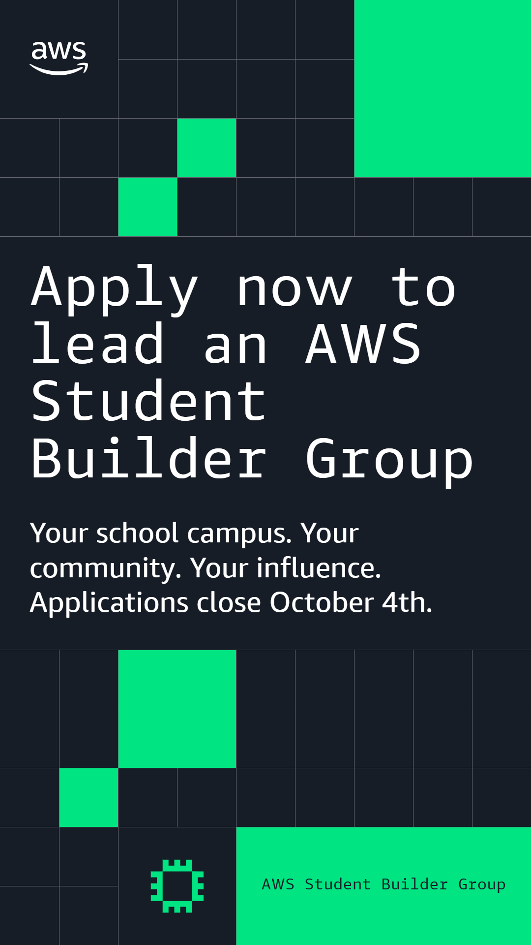 Next Gen.Team Facebook ad: AWS is looking for Student Builder Group Leaders…
