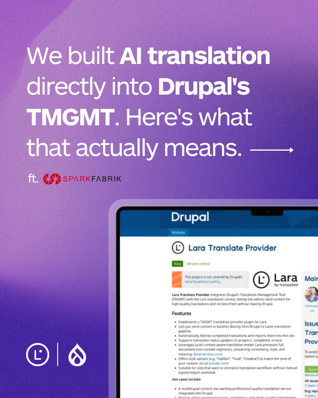 Lara Translate Facebook ad: Native AI translation for Drupal is here!