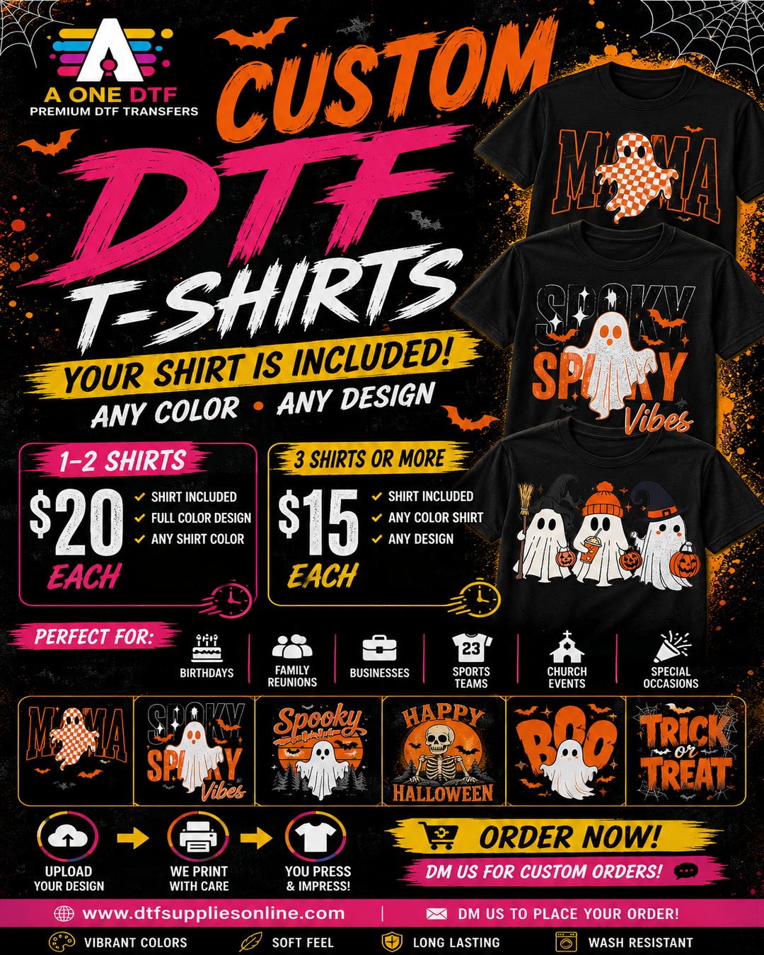 A One Apparel Printing Facebook ad: HALLOWEEN CUSTOM T-SHIRTS ARE HERE!