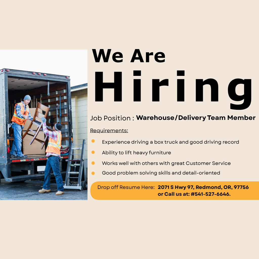 Wilson's of Redmond Facebook ad: Now Hiring Warehouse/Delivery Crew!