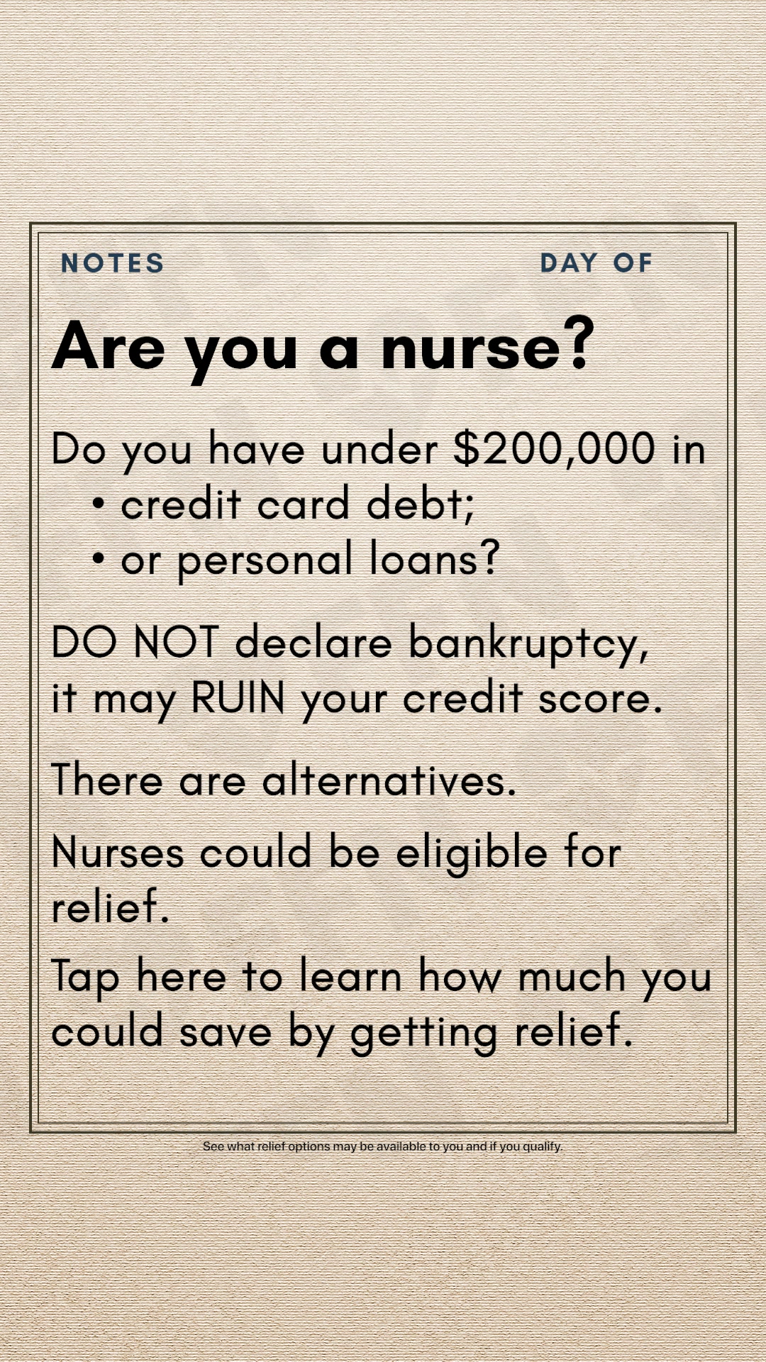 Financially Free Nurse Facebook ad: Nurses, Stop. Get Relief.