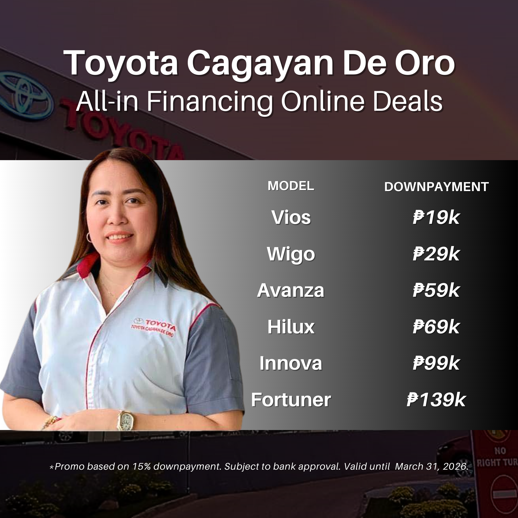 Janice De Guzman - Abella- Toyota Cagayan de Oro Facebook ad: Apply Online via Messenger!