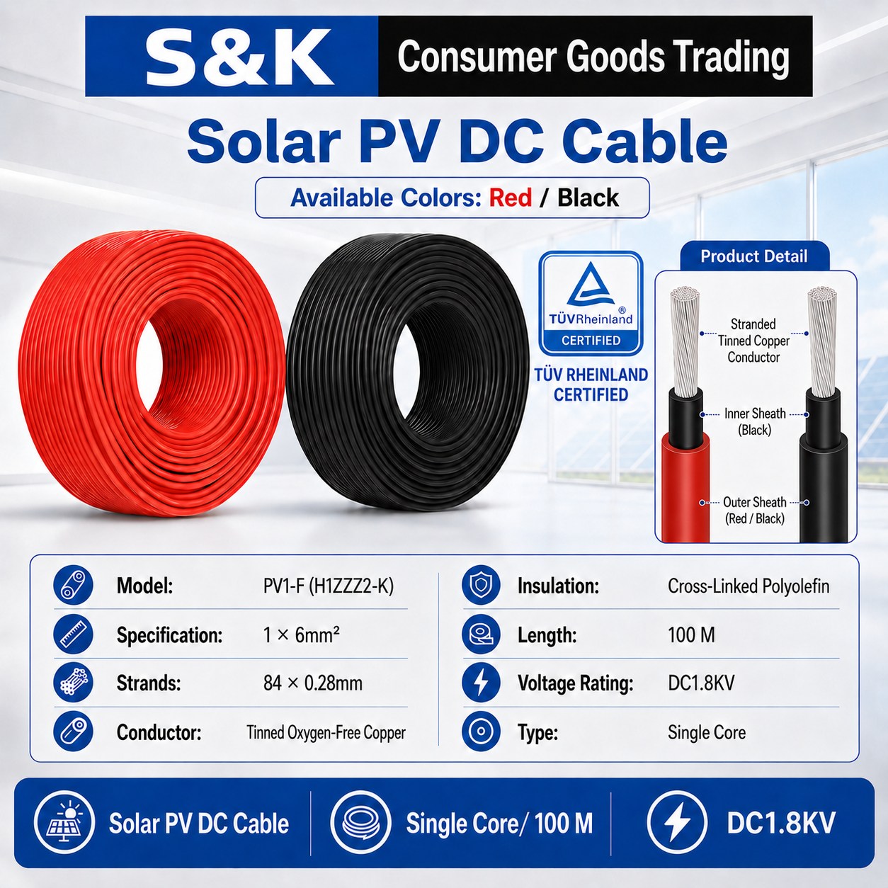 S&K Consumer Goods Trading Facebook ad: Solar PV DC Cable 6mm², 100M Roll