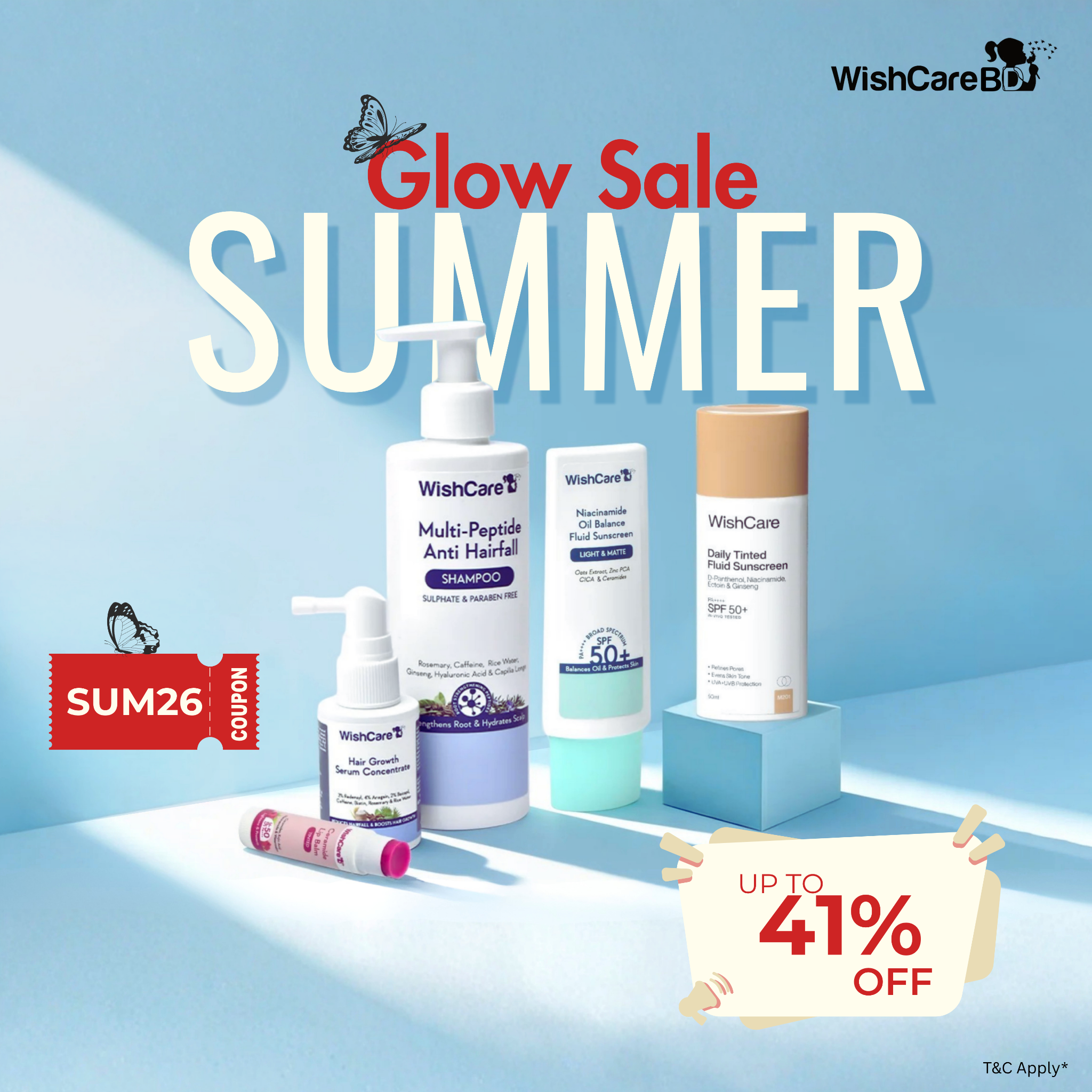 WishCare BD Facebook ad: Summer Glow Sale চলছে, Up to 41% OFF!