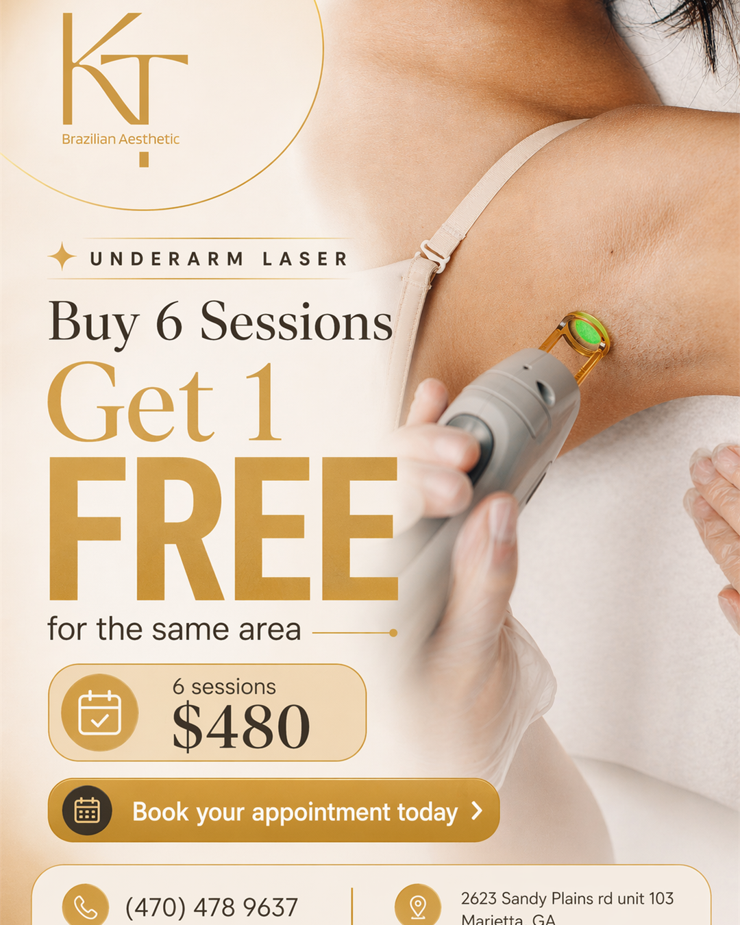 KT Brazilian Aesthetic Medspa In East Cobb Facebook ad: Buy 6 Sessions, Get 1 FREE