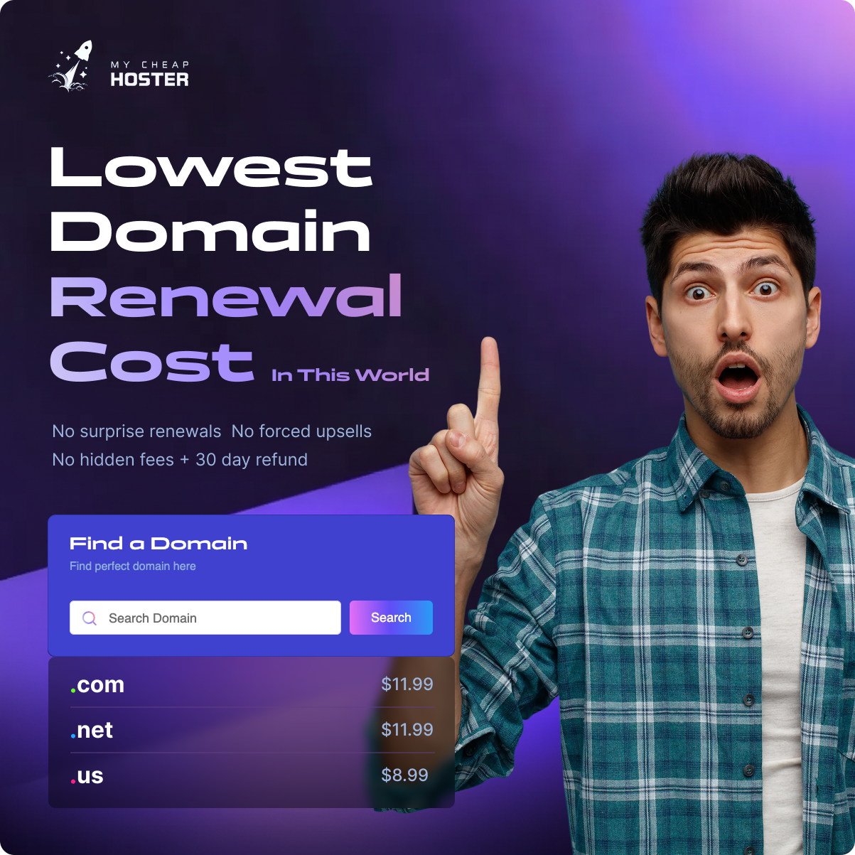My Cheap Hoster Facebook ad: Buy Your Domain - No Surprise Renewal or Upsells