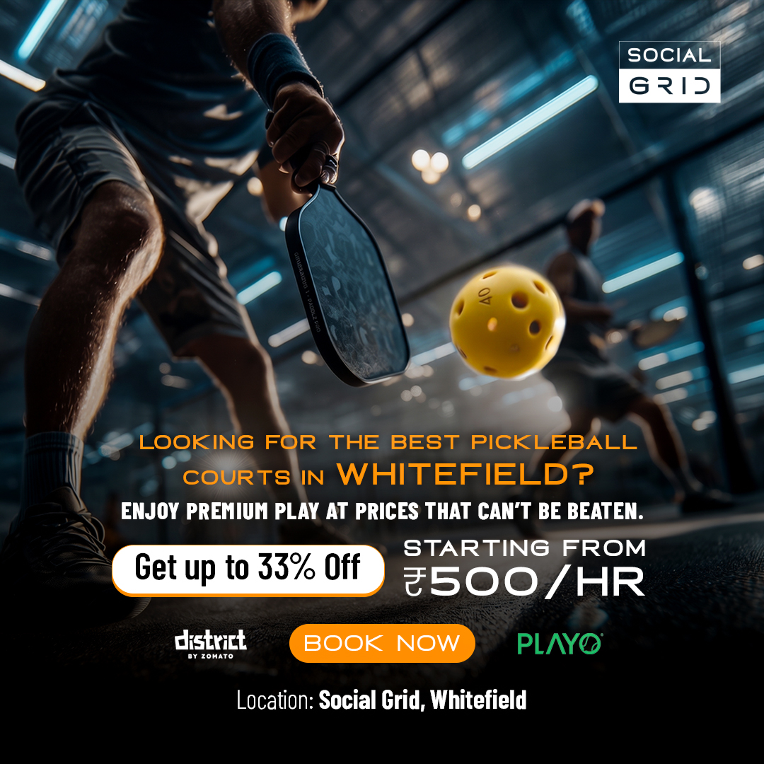 Social Grid Facebook ad: Enjoy premium pickleball courts in Whitefield with pricing…