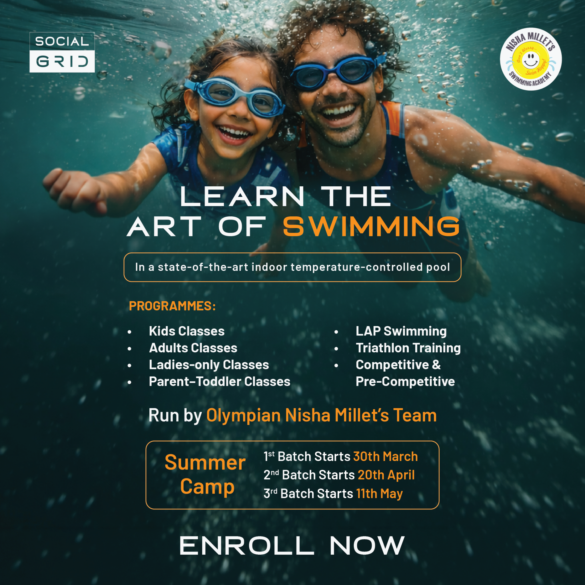 Social Grid Facebook ad: Learn swimming in a temperature-controlled indoor pool in…