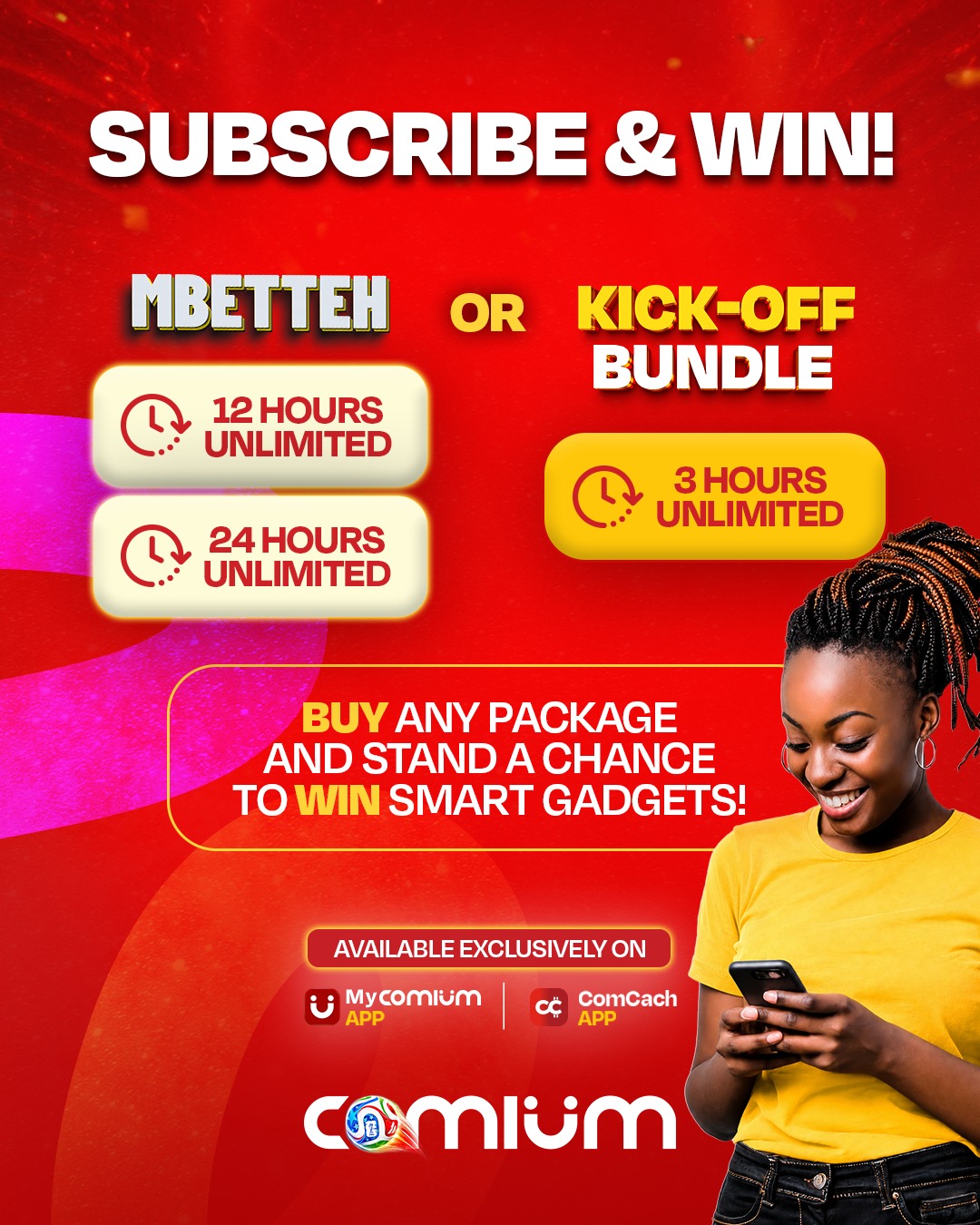 Comium Gambia Facebook ad: Subscribe, Connect & Win!