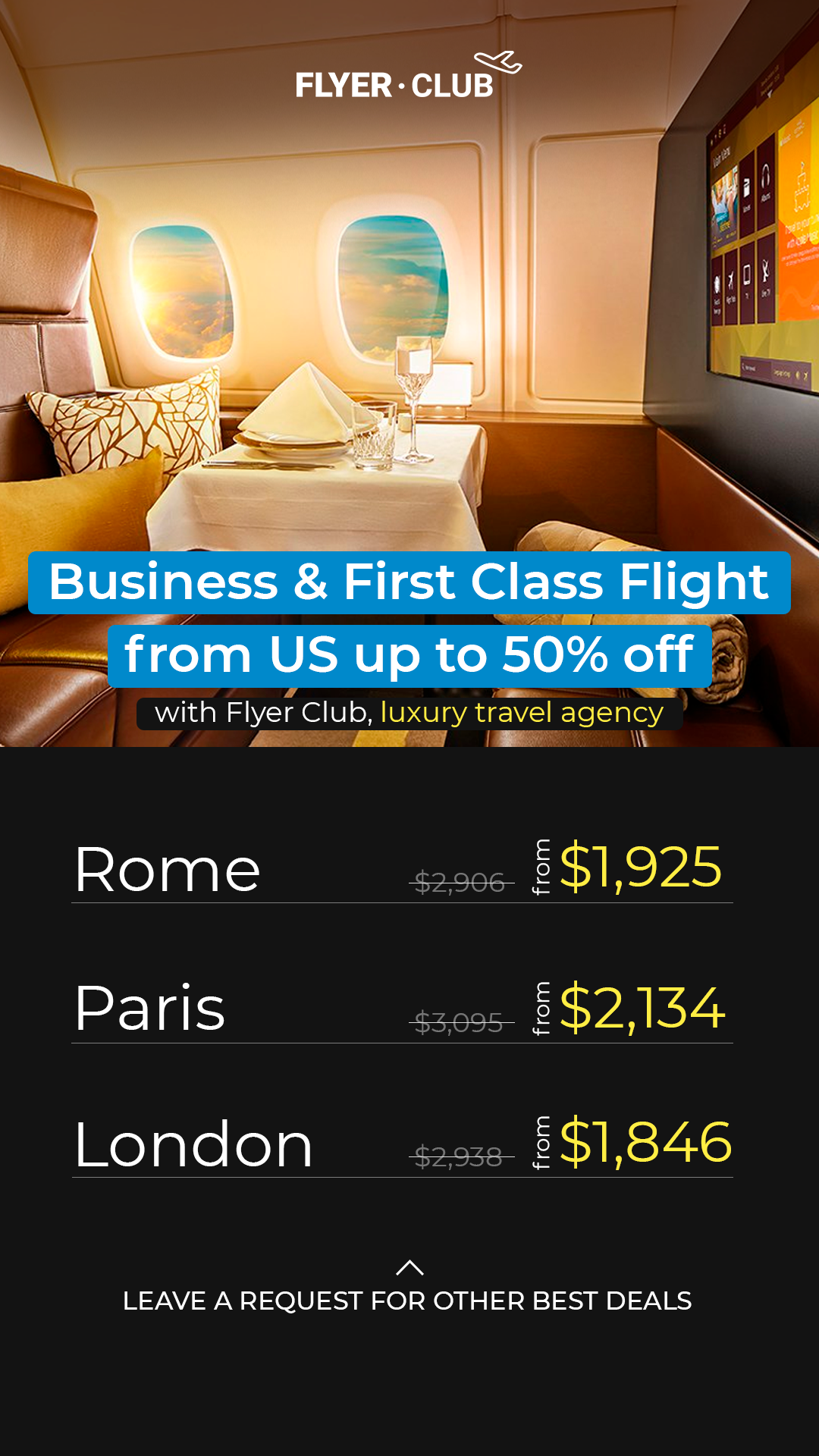 Flyer Club Facebook ad: Business & First Class Flights | 20-50% discounts | Book…