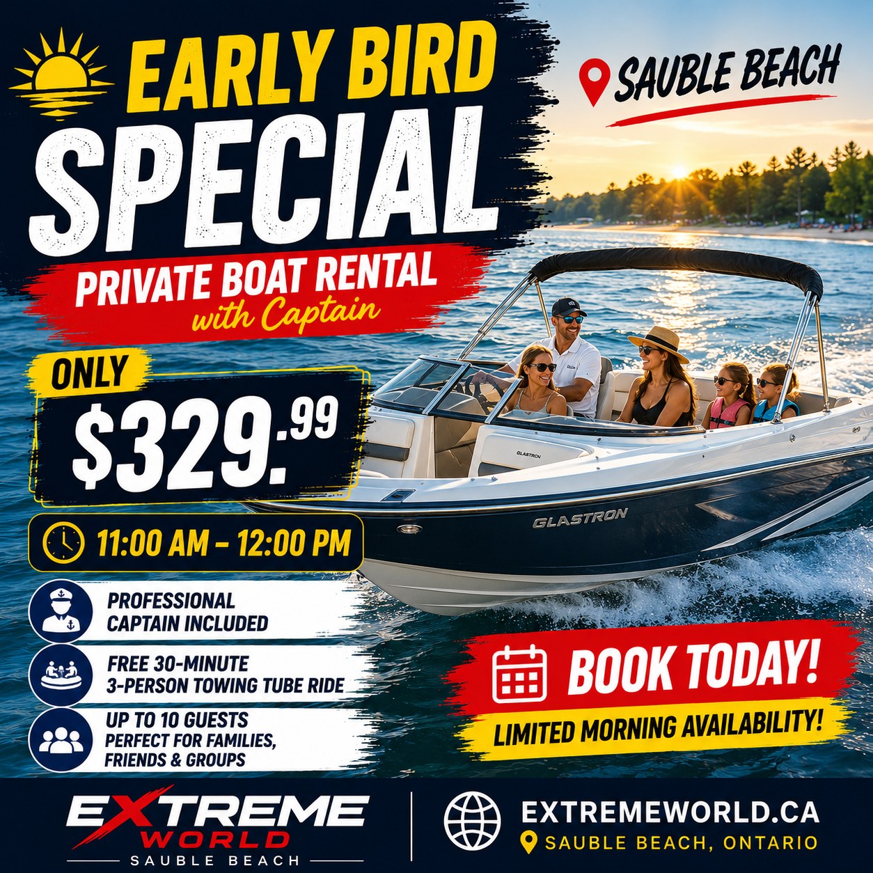 Extreme World Sauble Beach Facebook ad: EARLY BIRD BOAT RENTAL SPECIAL, START YOUR DAY…