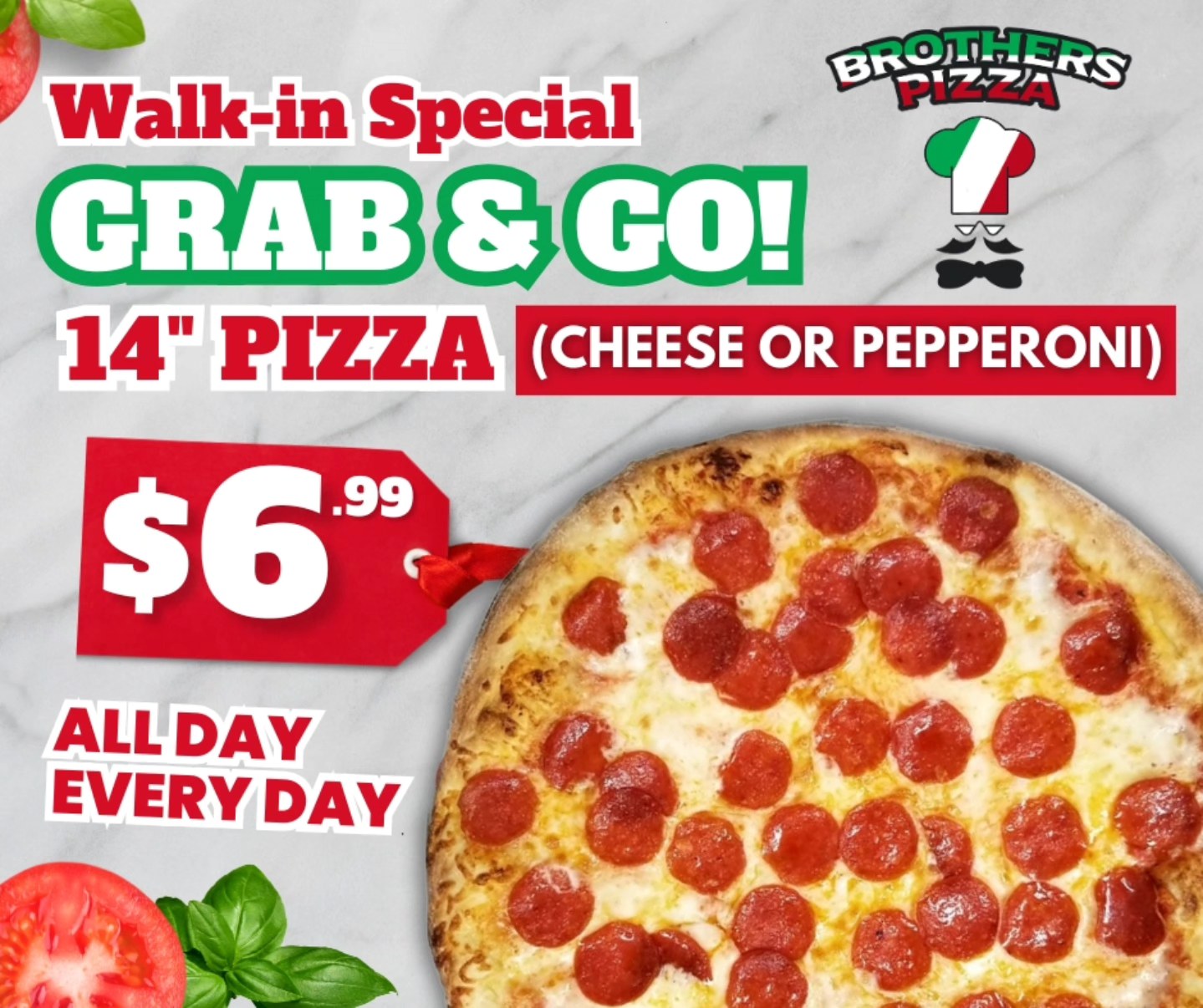 Brothers Pizza Facebook ad: Walk in, grab a hot 14 pizza, and…
