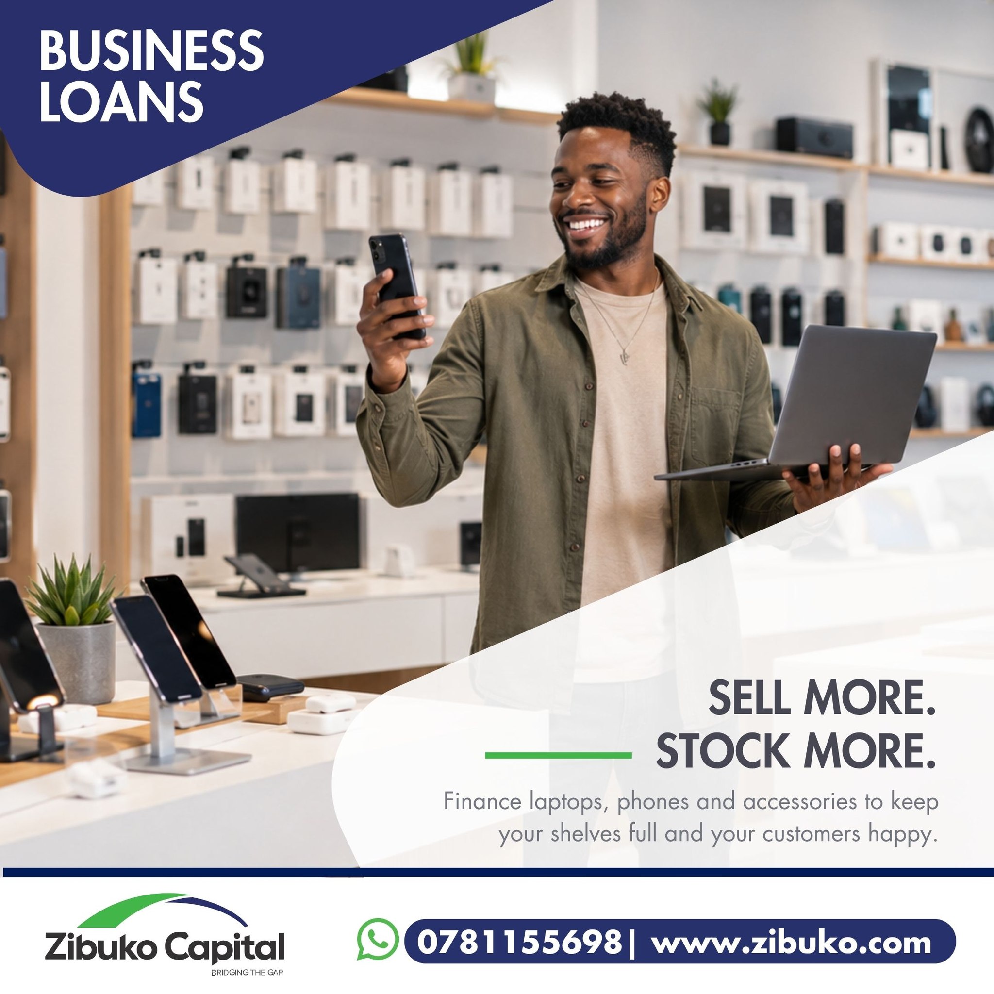 Zibuko Capital Facebook ad: Get the funding you need to restock laptops…