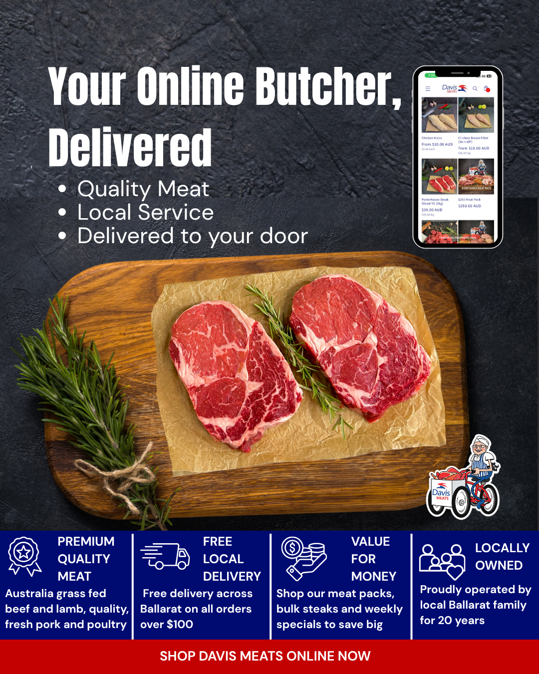 Davis Wholesale Meats Facebook ad: Free delivery across Ballarat on $100+ orders