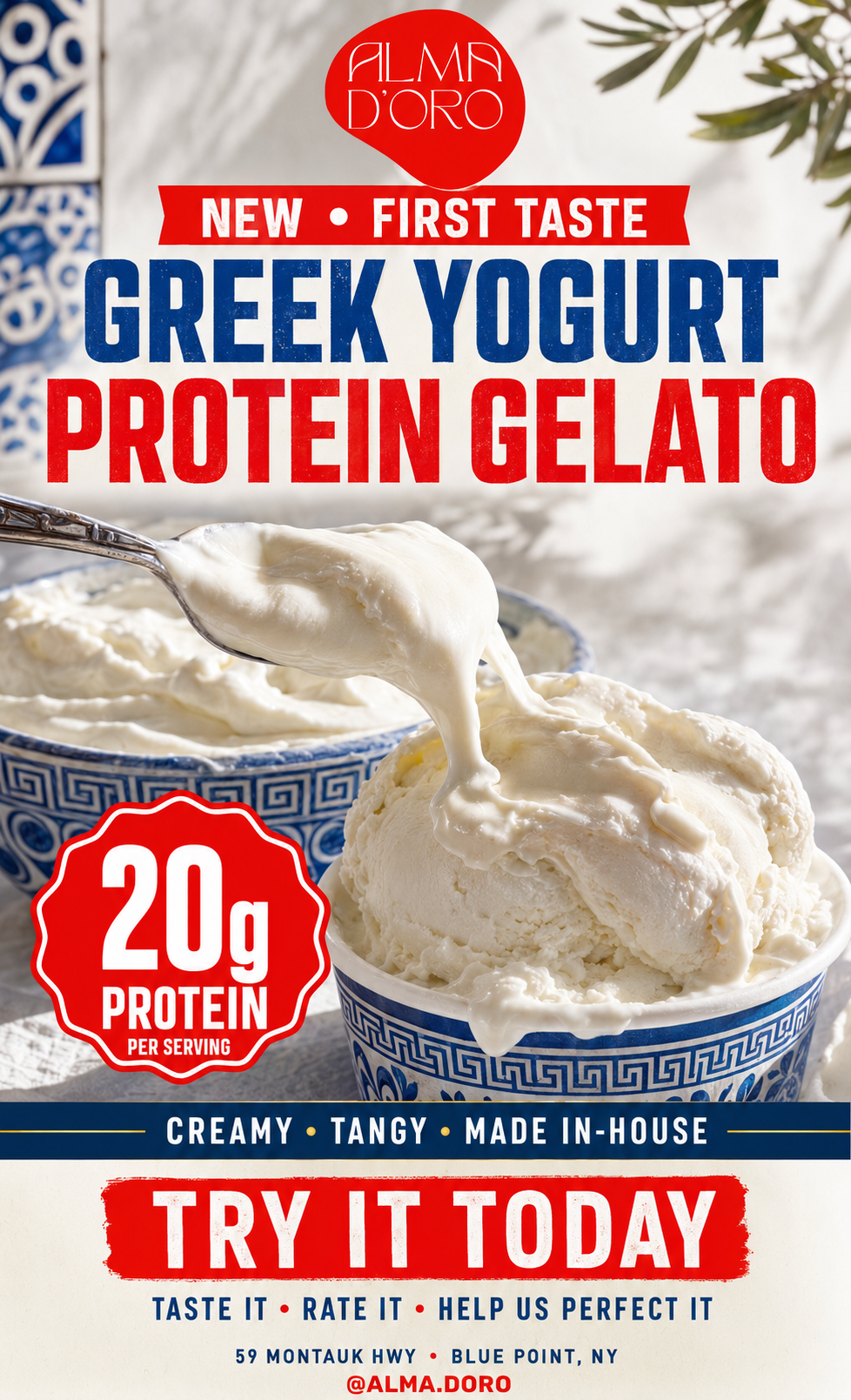 Alma D'Oro Facebook ad: Gelato, With 20g Protein · The Greek Answer to Protein…
