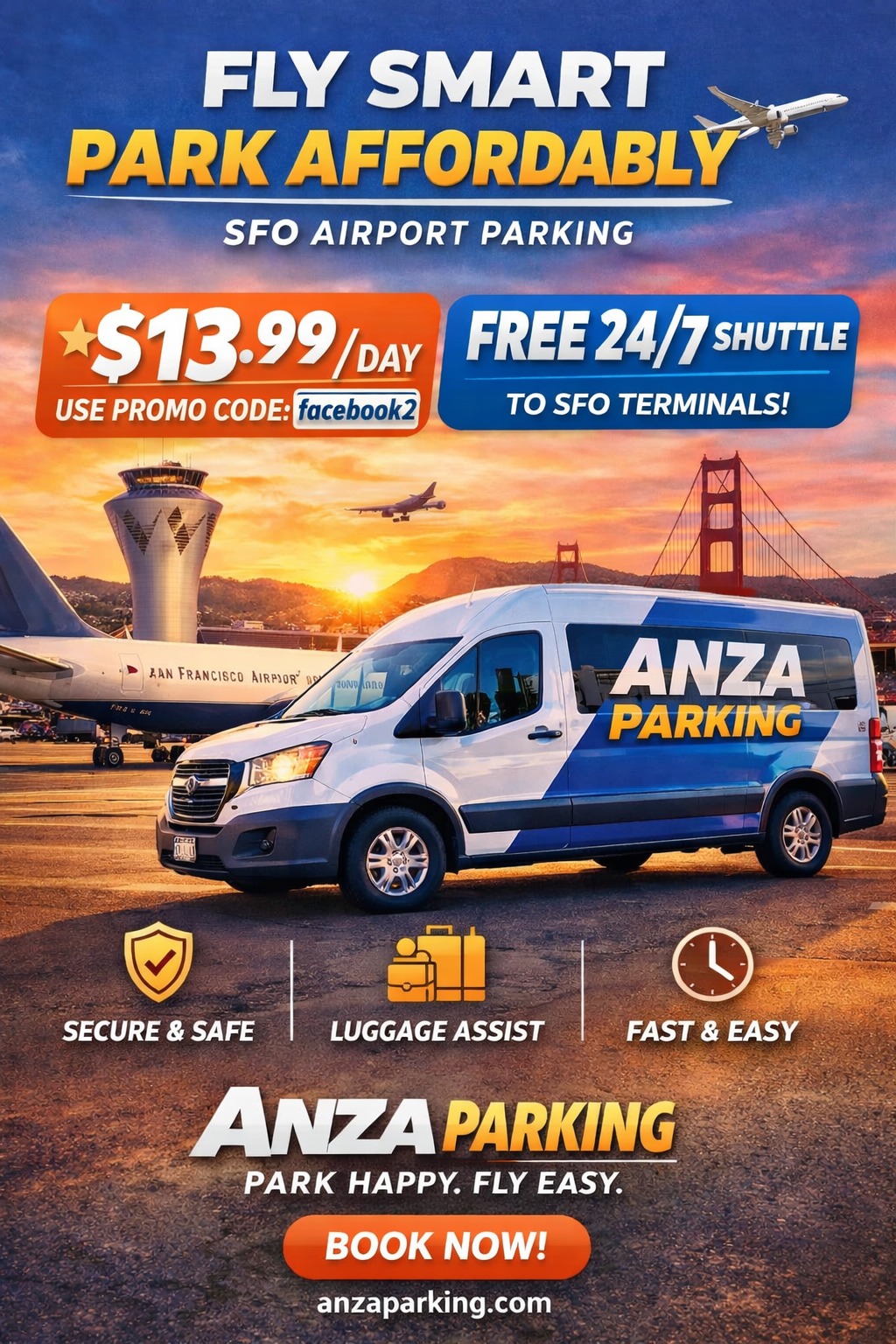 Anza Parking SFO Facebook ad: Book Your SFO Airport Parking with us today!
