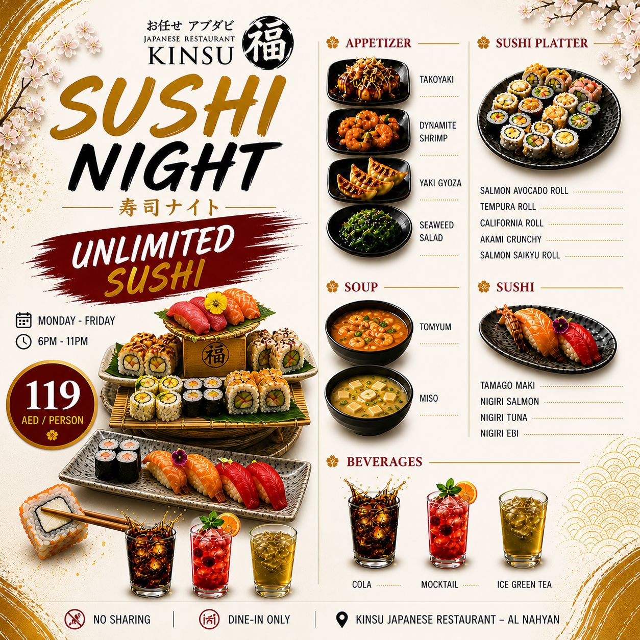 Kinsu Japanese Restaurant - Al Nahyan Facebook ad: Sushi lovers, this one’s for you