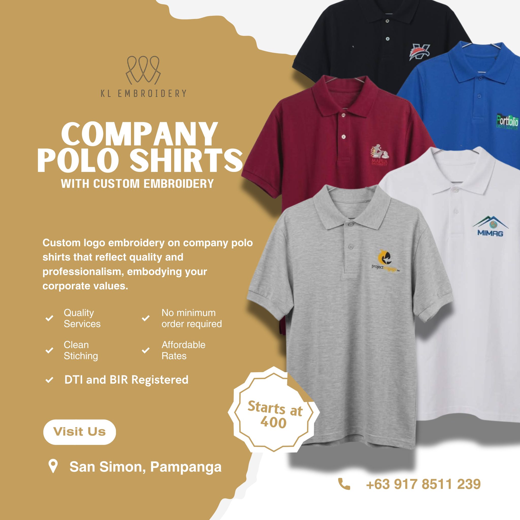 KL Embroidery Facebook ad: Corporate Jackets ₱745 | Polos ₱400, Wear success…