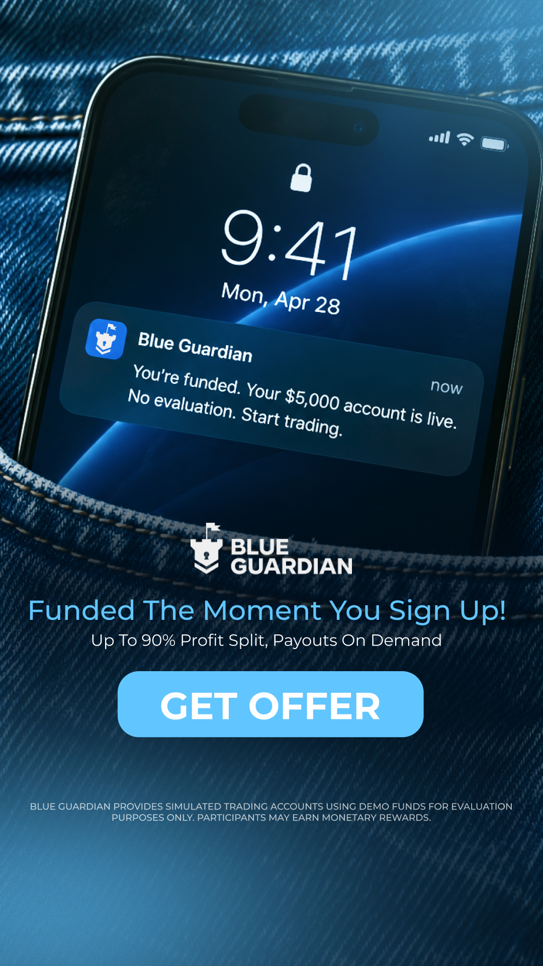 Blue Guardian Facebook ad: Instant Funding from $54