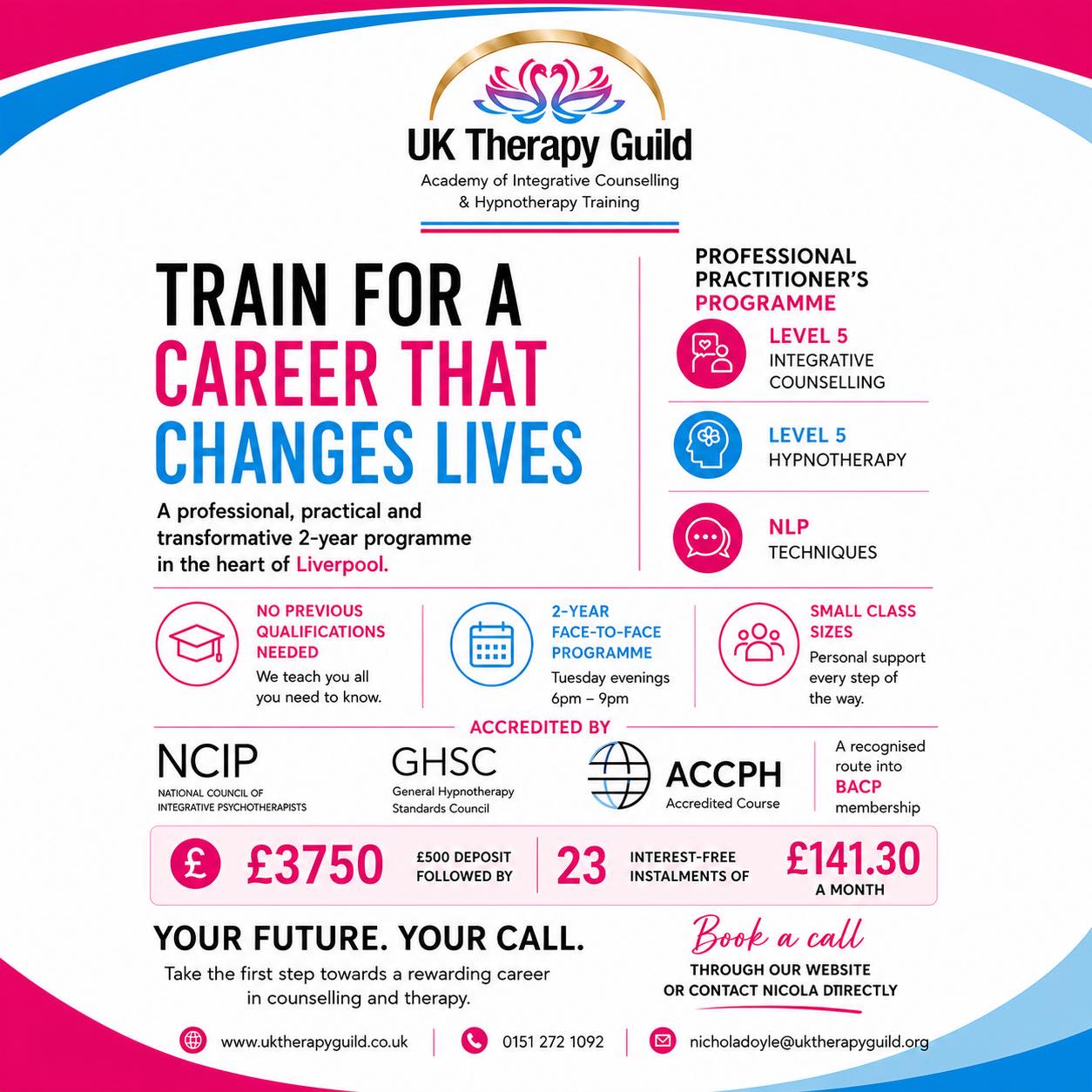 UK Therapy Guild Facebook ad: Integrative Counselling & Hypnotherapy Training with heart.