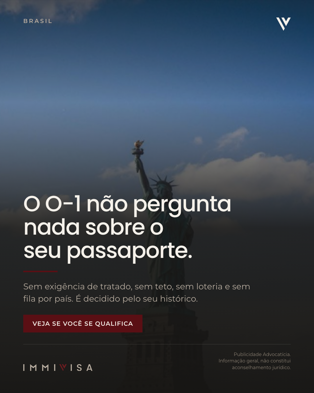 ImmiVisa Law Group Facebook ad: O O-1 não pergunta nada sobre o seu passaporte.