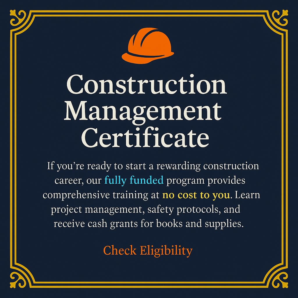 Bright Tomorrow Facebook ad: Free Construction Management Certificate