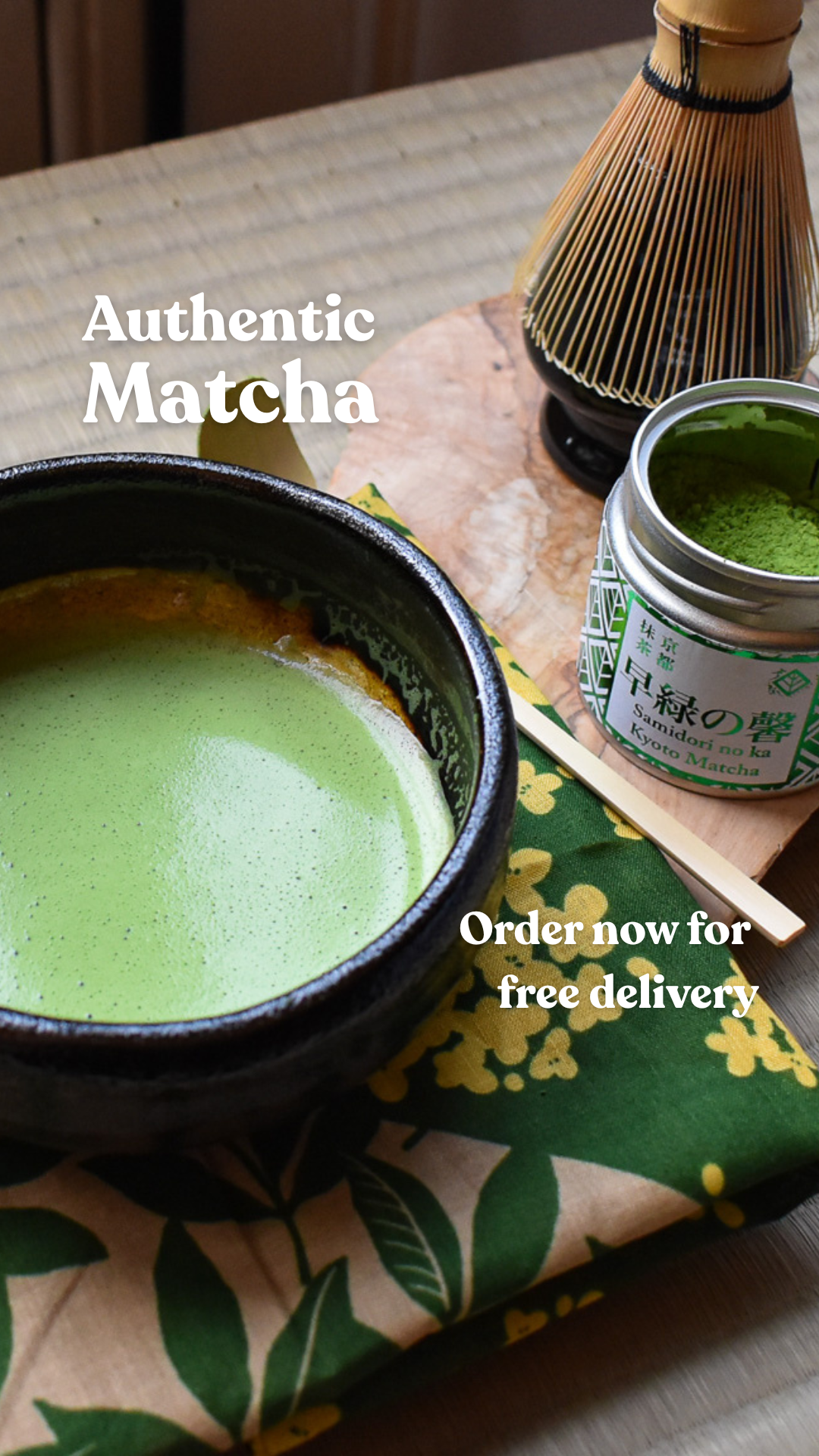 Tencha.ldn Facebook ad: Get free delivery, automatically applied at checkout
