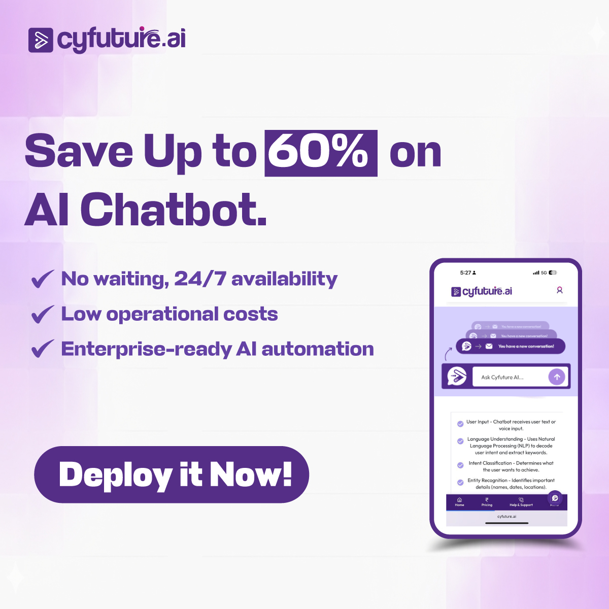 Cyfuture India Pvt. Ltd. Facebook ad: Chatbot Savings: 60% Off