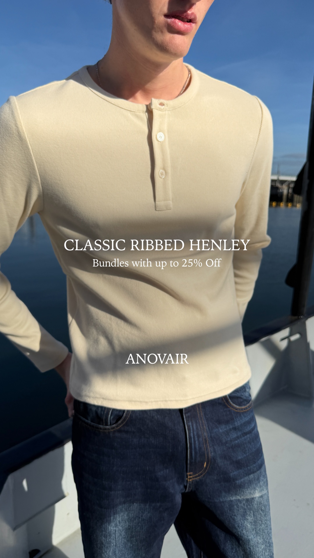 Anovair Facebook ad: Bestselling Henley Shirts, Buy 3 & Save 25%