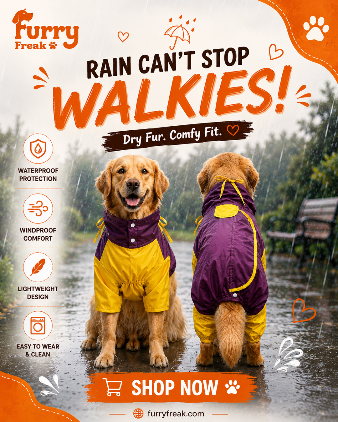Furry Freak Facebook ad: All-Weather Full-Body Dog Raincoat