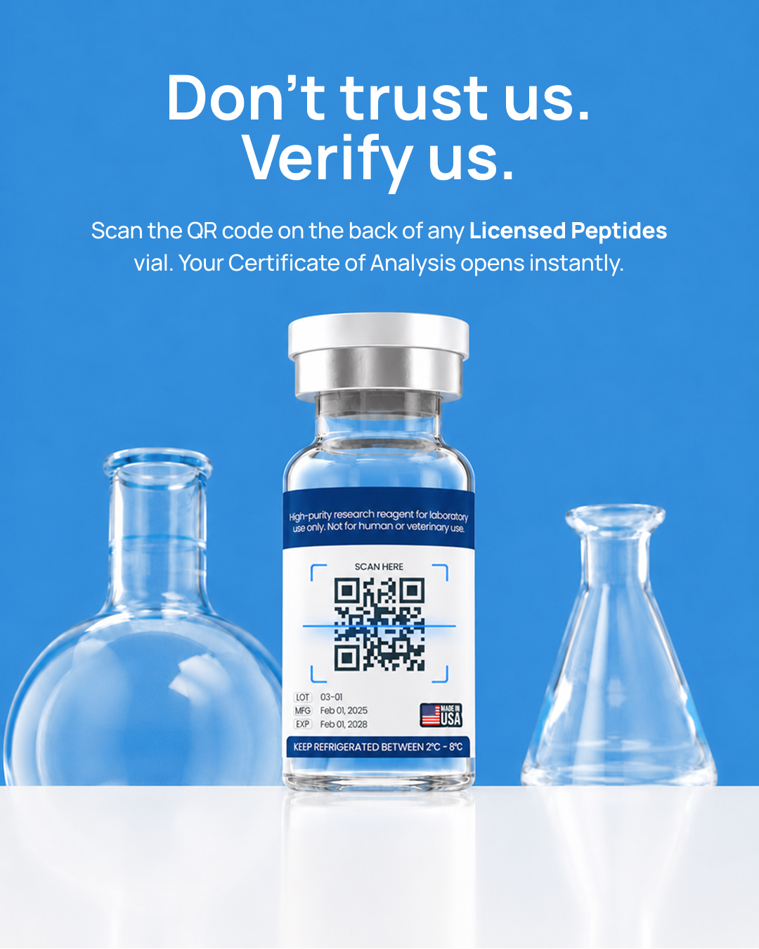 Licensed Peptides Facebook ad: Don't Trust. Verify Us.